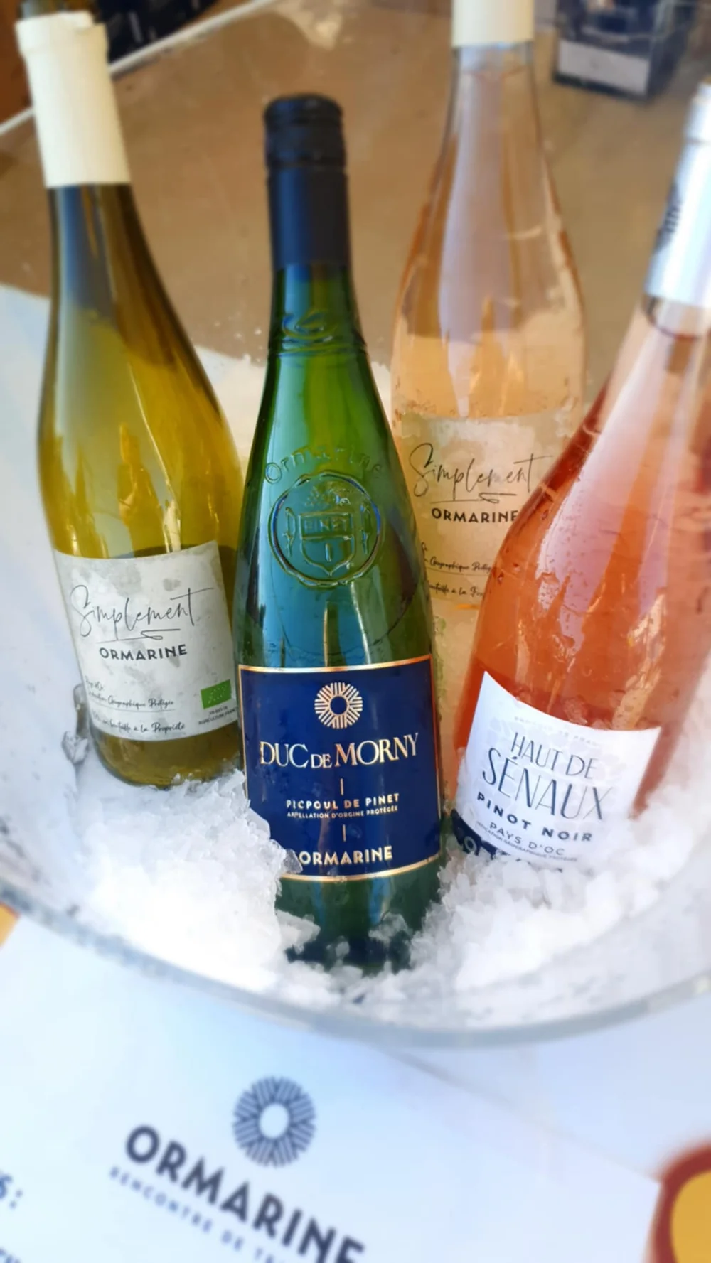 Photo lifestyle : bouteilles Ormarine (Simplement blanc, Duc de Morny Picpoul de Pinet, Haut de Sénaux Pinot Noir rosé) rafraîchissant dans un seau à glace, logo Ormarine sur le set de table. Belle mise en situation.