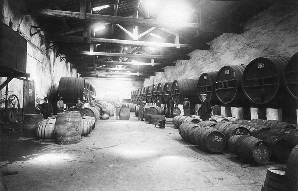 Splendide vue d'archive noir et blanc du vieux chai : alignement de foudres geants et de barriques avec des hommes au travail. Atmosphere patrimoniale puissante.