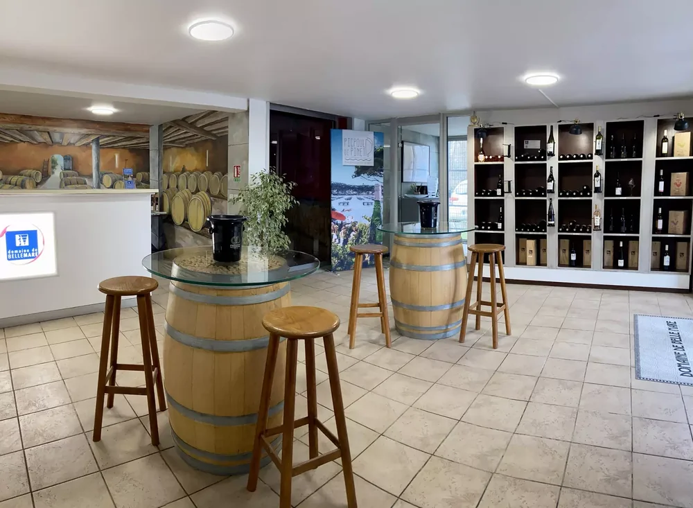 Intérieur du caveau de dégustation : tables-tonneaux avec plateaux de verre, tabourets en bois, mur de présentation des bouteilles et fresque évoquant les barriques. Bon visuel 'caveau / accueil'.